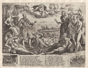 Sammenligning mellom Orange og Alva, med den spanske raseri i bakgrunnen, ca. 1577 av Theodor de Bry (attributed to)