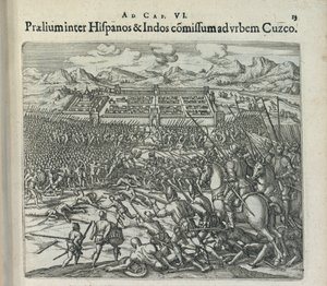 Kamp mellom spanjolene og indianerne ved portene til Cuzco, 1596. av Theodor de Bry