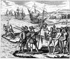 Christopher Columbus (1451-1506) genovesisk oppdagelsesreisende, oppdager Amerika – 12. mai 1492. Fra gravering av Theodore de Bry 1590.