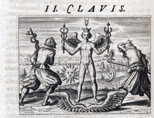Symbolsk komposisjon av alkymi, en naken ung mann, vinge og krone, svinger to caduceus, omgitt av månen og solen, vendt mot menn bevæpnet med sverd som bærer en ørn og en slange - Gravering av Theodore de Bry (1528 -1598), for traktaten om alc