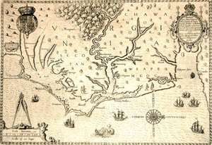 Kart over 1590 gravert av Theodore de Bry etter akvarell av den engelske kolonisten John White, guvernør i Roanoke. Virginia og kysten med små øyer og Roanoke ved munningen av elven. Secotan og Weapemeocs hjemland. av Theodor de Bry