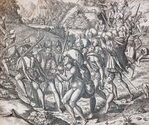 Innfødte blir satt ombord på skip for å bli ført til slaveri i Sevilla, gravering av Theodor de Bry (1528-1598), Antillene