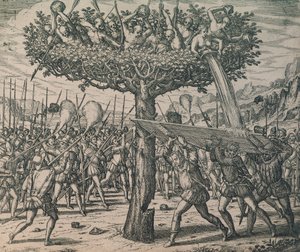 Innfødte gjemmer seg i trærne og kjemper mot erobrerne av Theodor de Bry