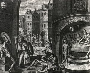 Prest dreper offer for falsk kamp og flår deretter kroppen, Mexico, gravering fra Peregrinationes, av Theodor de Bry (1528-1598), Mellom-Amerika av Theodor de Bry