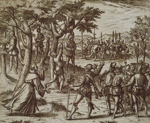 Dom til henging av noen menn av Christopher Columbus i New World, av Theodore de Bry