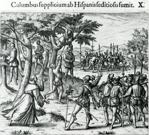 Dommen til hengingen av noen av Christopher Columbus#39; menn i den nye verden av Theodor de Bry