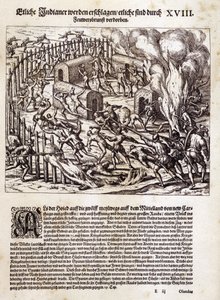 Sør-Amerika: Spanske conquistadorer brenner og plyndrer en urbefolkningslandsby