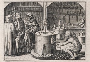 Tre lærde samtaler i alkymiverkstedet, med ovn og instrumenter - Gravering av Theodore de Bry (1528-1598), for alkymiavhandlingen ""Tripus avreus, hoc est, Tres tractatus chymici selectissimi"" av Michael Maier (1569-1622)