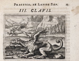 En drage, i bakgrunnen, en høne-tyver ulv, angrepet av en hane - Gravering av Theodore de Bry (1528-1598), for alkymiavhandlingen ""Tripus avreus, hoc est, Tres tractatus chymici selectissimi" " av Michael Maier (1569-1622) av Theodor de Bry