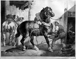 Montering av trekkhest (litografi) av Theodore (after) Gericault