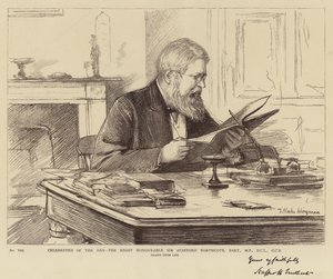Dagens kjendiser, den høyre ærede Sir Stafford Northcote, Baronet, MP, DCL, GCB av Theodore Blake Wirgman