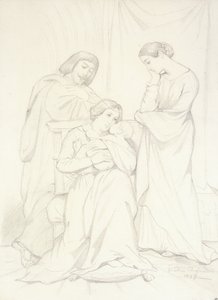 Antatt portrett av grev Oscar de Ranchicourt og hans familie i trubadurkostymer av Théodore Chassériau