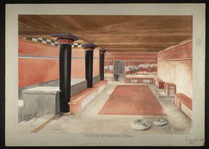 Maleri av det gjenskapte tronrommet til Minos-palasset på Knossos (Evans Fresco-tegning B/4 a)) av Theodore Fyfe