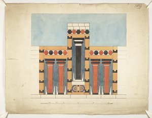Maleri som gjeninnstiller den sentrale tredelte helligdommen i den sentrale domstolen til Palace of Minos på Knossos (Evans Architectural Plans WW/15) av Theodore Fyfe