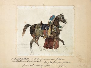 En selehest ledet av en mameluk, to pyramider i bakgrunnen (blyant og akvarell på papir) av Theodore Gericault
