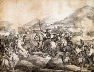Slaget ved Chacabuco, februar 1817, som bestemte seier til Jose De San Martin over spansk, av Theodore Gericault, tegning, Argentina av Theodore Gericault