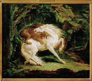 Cheval attaque par un lion - en hest angrepet av en løve, etter en etsning av Laurie og et maleri av George Stubbs … av Theodore Gericault