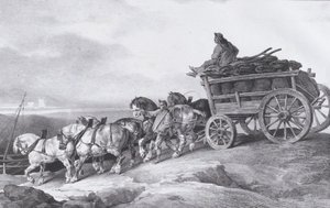 Kullvogn [sic.] Tegnet av hester, 1822. av Theodore Gericault