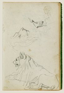 Sittende løve, to studier av løvehode av Theodore Gericault