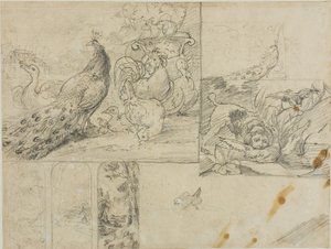 Skisser av dekorative landskaps- og dyrekomposisjoner av Theodore Gericault