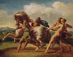 Slaver som stopper en hest, studerer for "The Race of the Barbarian Horses", 1817 av Theodore Gericault
