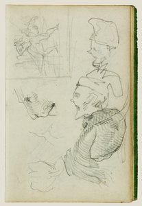 Studier av løve, komposisjonsstudie av gruppefigurer, to karikaturstudier av hoder av Theodore Gericault