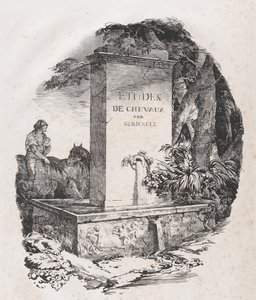 Vanningskar, tittelside for studier av hester Etudes de Chevaux, 1822. av Theodore Gericault