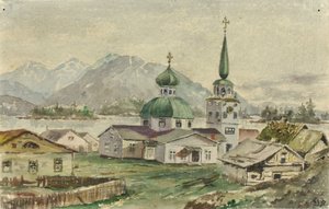 Sett bakfra av den greske kirken, Sitka, 1888. av Theodore J. Richardson