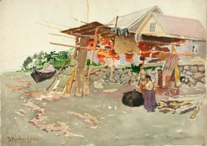 Laksetørking, Indian Village, Alaska, ca. 1880-1914.