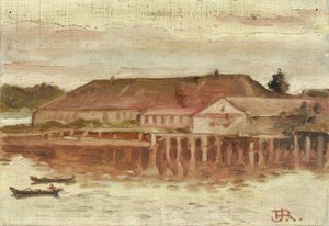 Handelspost og bryggebygninger, Sitka, kveld, ca. 1880-1914.