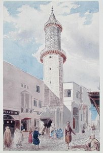 Minareten i moskeen på Rue de Chartres og Rue Bab-Azoun, Alger (akvarell på papir)