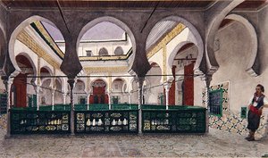 Utsikt over en indre gårdsplass til et hus i Alger, ca. 1830 (akvarell på papir)