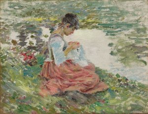 Girl Sewing by River, ca. 1891