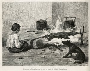 En ung montenegriner steker en sau med albaneren, sitter foran bålet og vrir på trenålen hele tiden. Gravering etter Valerios tegning, for å illustrere reisen til Dalmatia, av Charles Yriarte, i 1874, publisert i "" Le tour du mon
