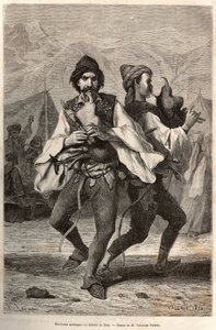 Morlac-musikere (eller montenegrinere) fra distriktet Zara, iført den lokale drakten: hvit lerretsskjorte og over en brodert vest, et belte besatt med kobber og sølv, bena som faller på skinnskoen og spiller en slags biniou mens de danser til