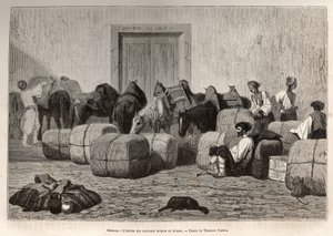 Når tyrkiske campingvogner ankommer Sebenico Customs (Serbia), losser kommersielle reisende ballene fra baksiden av kamelene for å verifisere varenes mengde og art. Gravering etter tegningen av Theodore Valerio, for å illustrere en historie