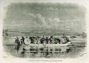 En båt på elven Hue (Vietnam), tegning av Th. Weber, for å illustrere historien om åtte dager med ambassade i Hue (Kingdom of Annam), i 1875, av Mr. Brossard de Corbigny, løytnant (N), knyttet til oppdraget. Gravering i Le tour du monde