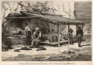 En tunfiskehytte i Proelucca-bukten, Fiume-bukten (eller Rijeka, Istria), tre av fiskerne sover fortsatt, pakket inn i tepper, en annen skal utstyre og erstatte utkikk, en annen skal klargjøre kjøkkenet og mosen vandrer kl. foten o