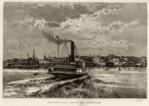Ankomst til Victoria, Canada. Gravering av Th.Weber, for å illustrere historien ""Transcanadien and Alaska"" av E.Cotteau, i 1890, i Le tour du monde, nouveau journal des voyages, redigert av Edouard Charton (1807-1890), 2. semester 1891 , utgave Hachet