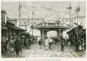 Canton Street Gate i Hanoi. Gravering av Th. Weber, fra et fotografi, for å illustrere historien Trente mois au Tonkin i 1884, av Doctor Hocquard, i tour du monde 1889, under ledelse av Edouard Charton (1807-1890), Hachette, Paris.