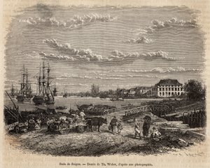 La rade de Saigon, gravering etter en tegning av T. Weber, som illustrerer reisen til Cochinchina, av doktor Morice, i 1872, publisert i "" Le tour du monde""" 1875, redigert av Edouard Charton, Hachette-utgaven, Paris. Selva samling.
