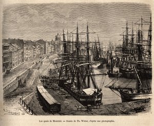 Les quais de Montreal, gravering etter en tegning av Th. Weber, illustrerer ekskursjonen til Canada og Riviere Rouge du nord, av H. De Lamotte, i 1873, publisert i "" Le tour du monde""" 1875, redigert av Edouard Charton, Hachette-utgaven, Paris. Selv