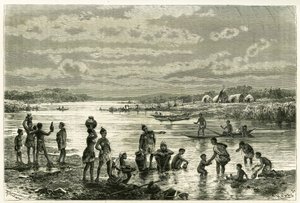 Livet på bredden av Zambeze-elven, marutsene er veldig opptatt av rensligheten deres, og vasking for dem er en aktivitet av første nødvendighet. Gravering av Th. Weber, for å illustrere historien «Au pays des Marutses», i 1875-1879, av Dr. Emile Holu