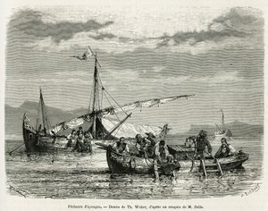Svampefiskere i Nafplio-bukten, tegning av The. Weber, for å illustrere historien om en tur til Hellas i 1861, 1868 og 1874, av Henri Belle. Gravering i Le tour du monde