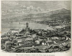 Byen Jalta, hentet fra Massandra, tegning av Th.Weber, for å illustrere historien Fire måneder i Russland, i 1876, av F. De Mely. Gravering i Le tour du monde av Theodore Weber