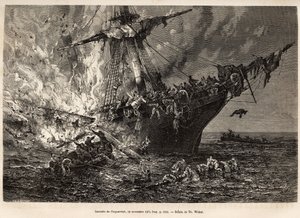 Brannen fra Cospatrick, et britisk skip som fraktet mer enn 400 emigranter til New Zealand, 19. november 1874, gravert etter en tegning av T. Weber, som illustrerer studiet av stormer og reiser, av Mr. Zurcher og Mr. Margolle, i 1870-1874, utgitt i