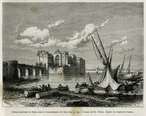 Det maritime slottet i Sidon før bombardementet i 1840. Gravering av Th. Weber, for å illustrere historien La Syria d'aujourd'hui, av M.Lortet, dekan ved Det medisinske fakultet i Lyon, med ansvar for et vitenskapelig oppdrag fra departementet for 