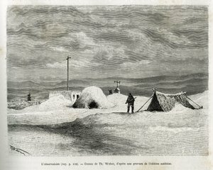 Det meteorologiske observatoriet ble installert i Koljutschin-bukten (polarsirkelen), mens skipet La Vega ble fanget i isen og mannskapet forberedte seg på overvintring. Gravering av Th.Weber, for å illustrere historien "" reise til Vega rundt Asia a