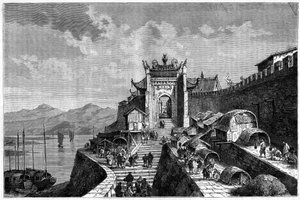 Utsikt over Shanghai-porten ved Huangpu-elven, Kina i årene 1870-1880. Gravering etter en tegning av Weber, i "Le Tour du Monde, Nouveau journal des Voyages", redigert av Edouard Charton, Paris