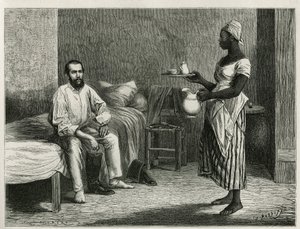 Portrett av forfatteren og reisende, når han våkner, blir servert kafeen på rommet hans av en ung haitisk kvinne, gravering av T.Wust, for å illustrere historien La republique d'Haiti, av Edgar La Selve, professor i retorikk i Port au Prince, i 1871, p av Theodore Wust